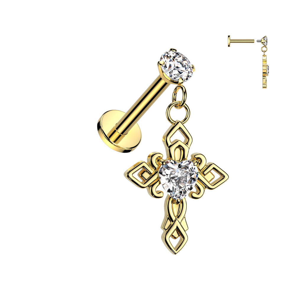 316L Surgical Steel CZ Center Celtic Cross Dangle Labret