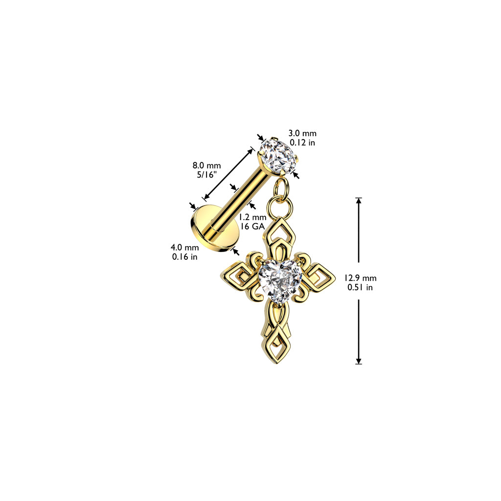 316L Surgical Steel CZ Center Celtic Cross Dangle Labret
