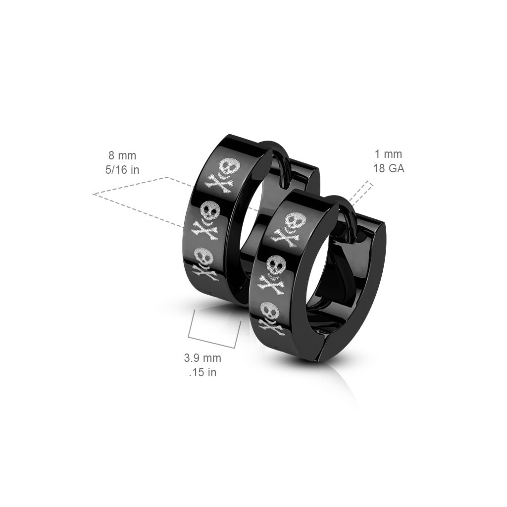 Pair of 316L Stainless Steel Black PVD Hinged Hoop Earrings with Three Skulls