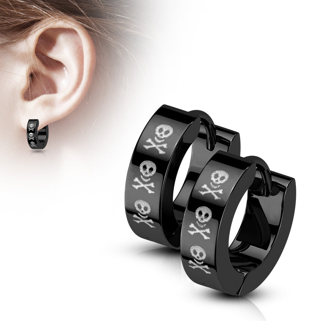 Pair of 316L Stainless Steel Black PVD Hinged Hoop Earrings with Three Skulls