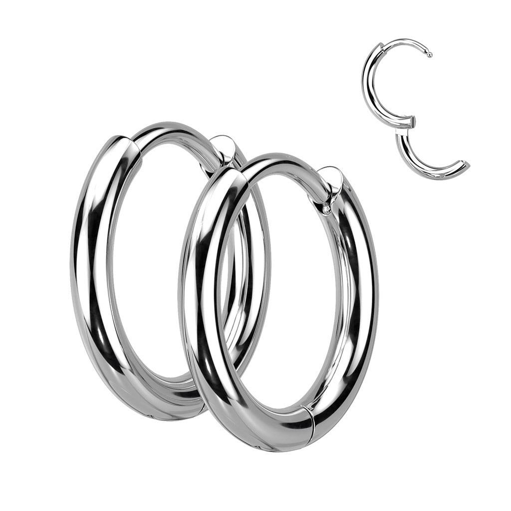 Pair of 316L Stainless Steel 2mm Thick Hinged Plain Round Hoop Earrings