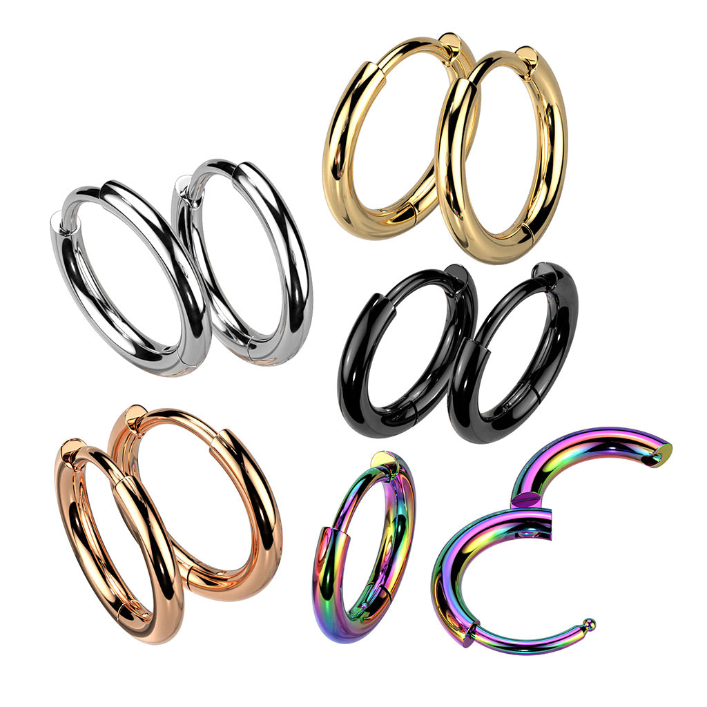 Pair of 316L Stainless Steel 2mm Thick Hinged Plain Round Hoop Earrings