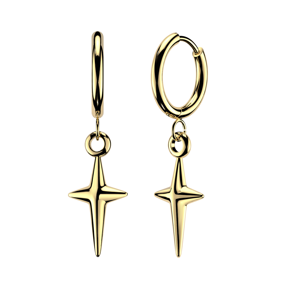 316L Surgical Steel Pair of Huggie Hoop Earrings With Solid Star Cross Dangle