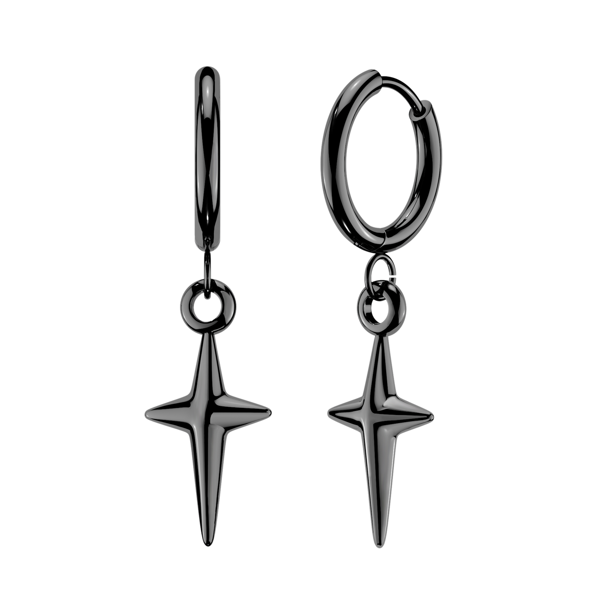 316L Surgical Steel Pair of Huggie Hoop Earrings With Solid Star Cross Dangle