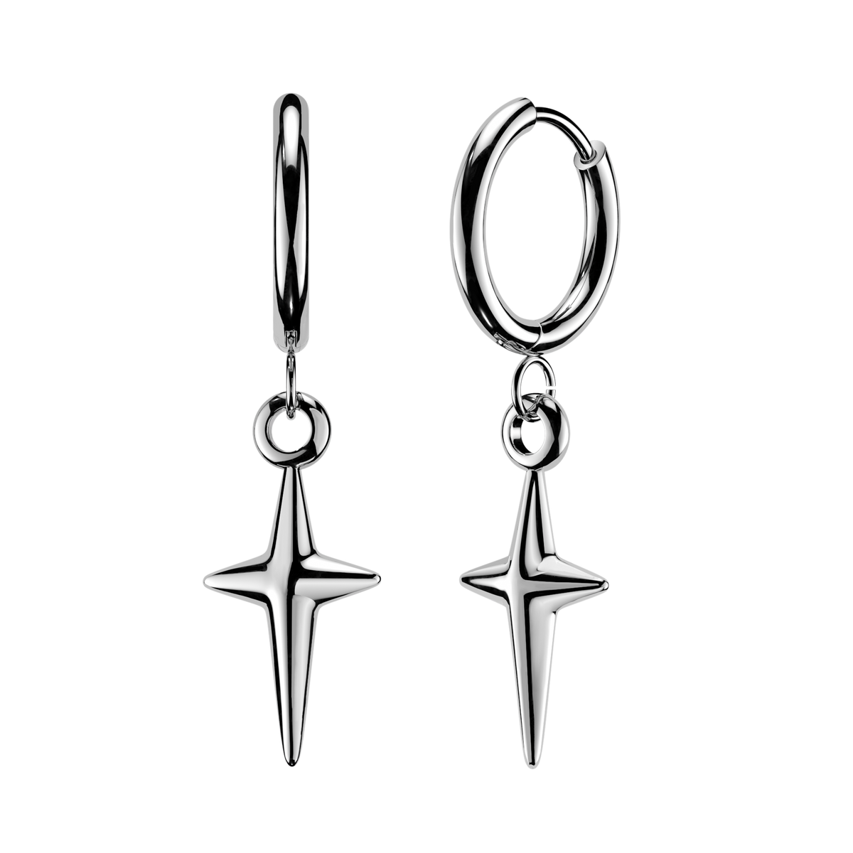 316L Surgical Steel Pair of Huggie Hoop Earrings With Solid Star Cross Dangle