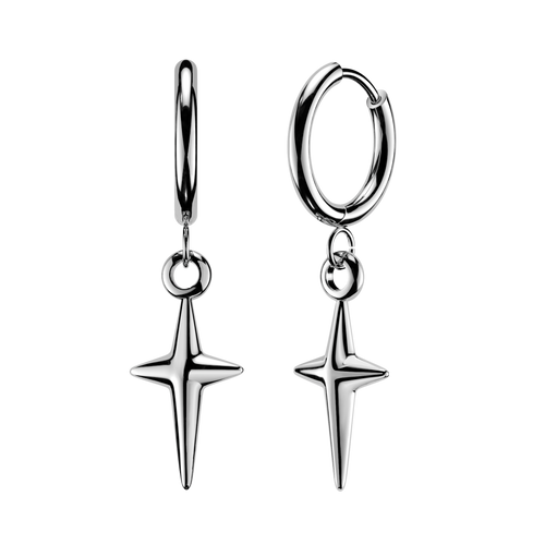 316L Surgical Steel Pair of Huggie Hoop Earrings With Solid Star Cross Dangle