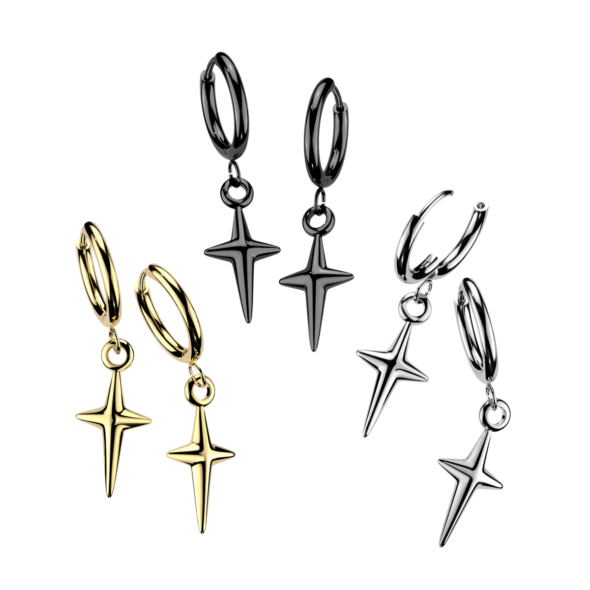 316L Surgical Steel Pair of Huggie Hoop Earrings With Solid Star Cross Dangle