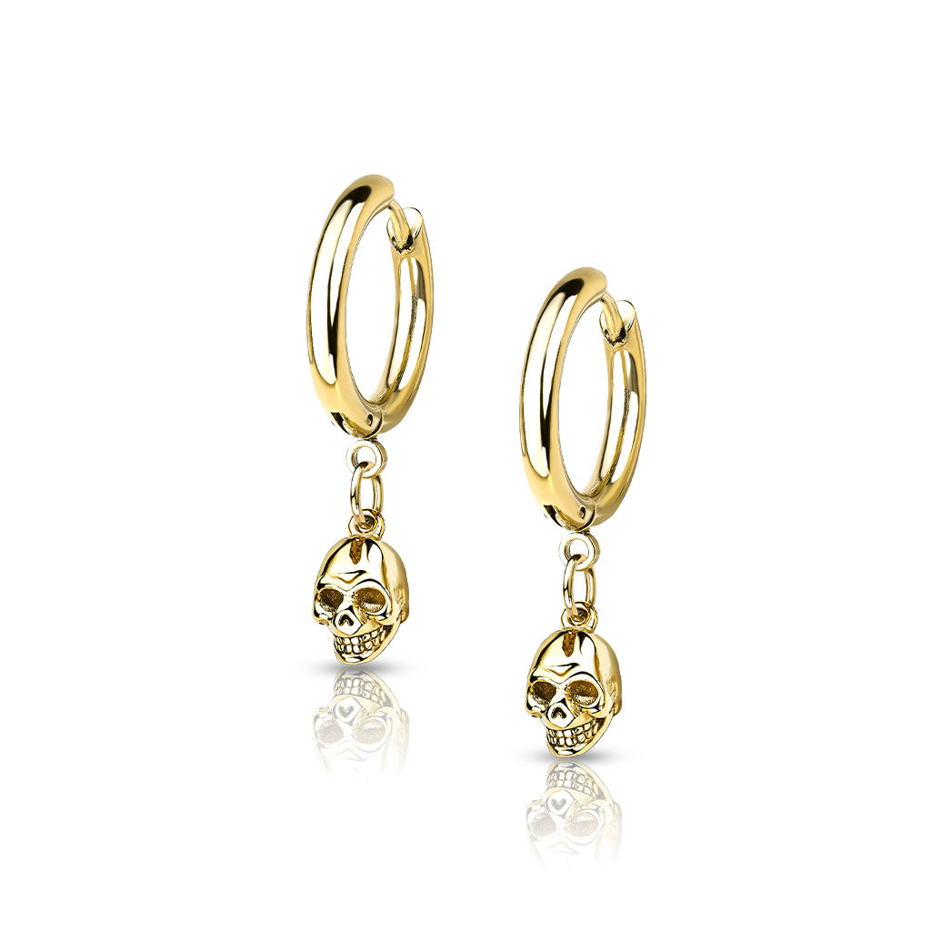Pair of 316L Surgical Steel Hoop Earrings With Skull Dangle
