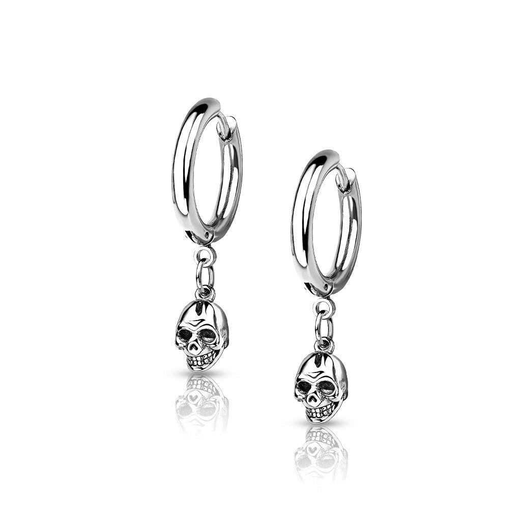 Pair of 316L Surgical Steel Hoop Earrings With Skull Dangle