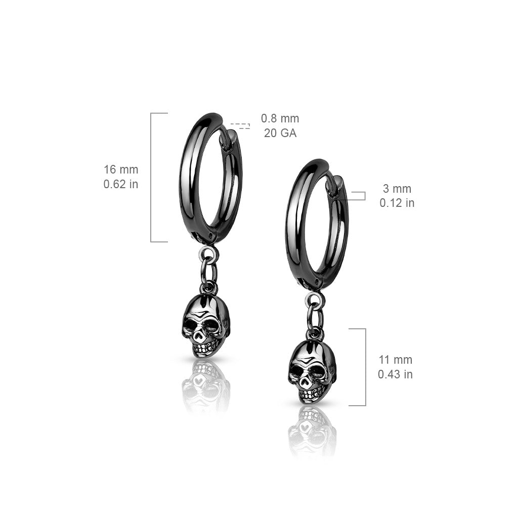 Pair of 316L Surgical Steel Hoop Earrings With Skull Dangle