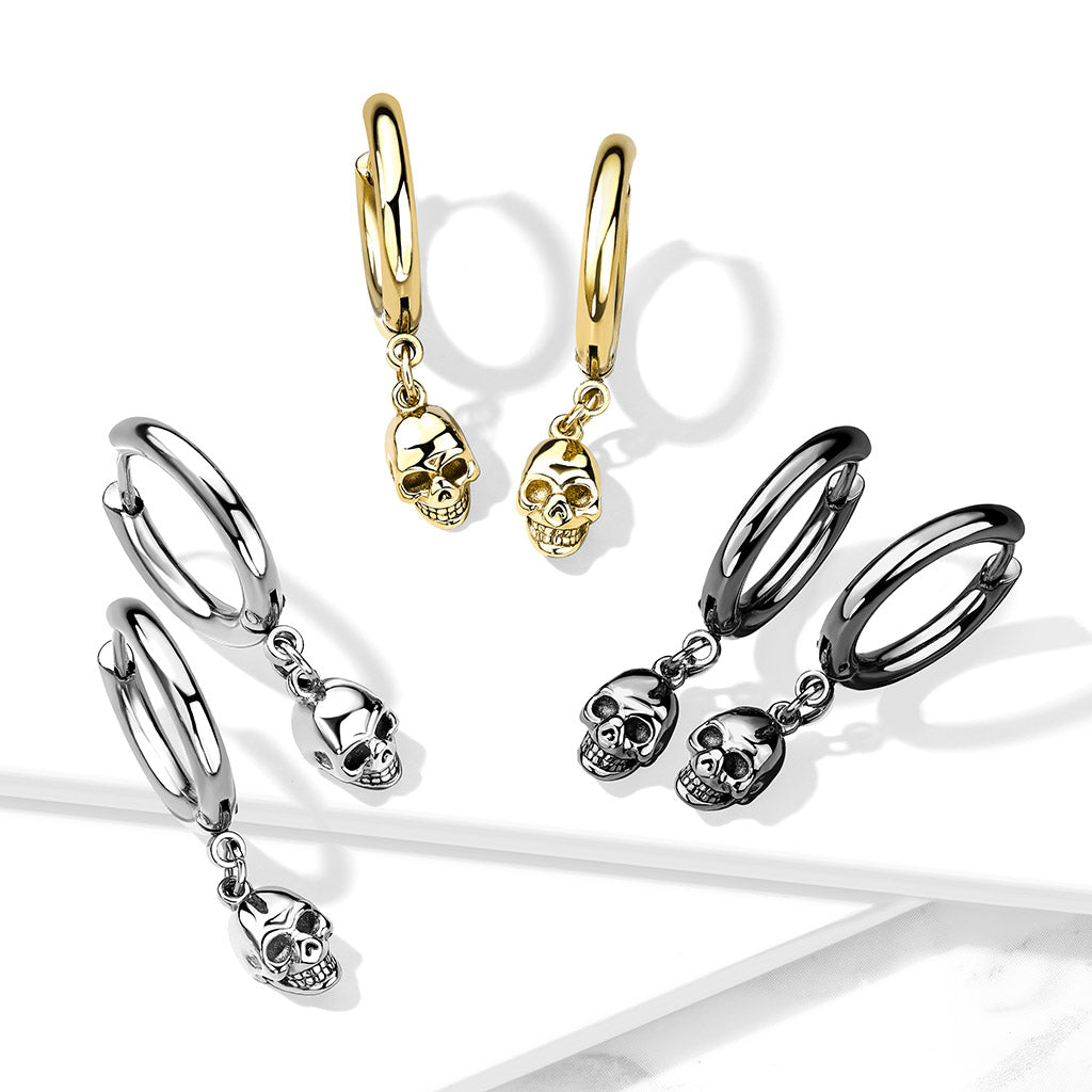 Pair of 316L Surgical Steel Hoop Earrings With Skull Dangle