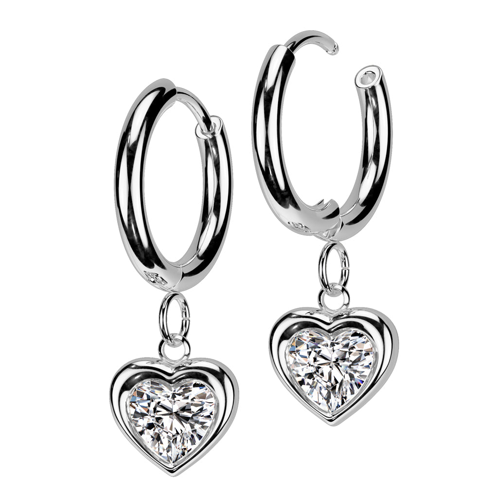 Pair of 316L Stainless Steel Hinged Hoop Earrings With CZ Heart Dangle