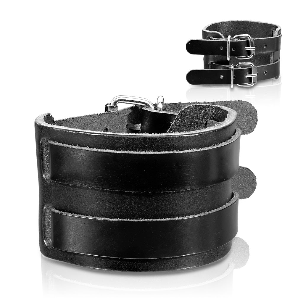 Black Leather Bracelet with Double Strap Belt Buckle