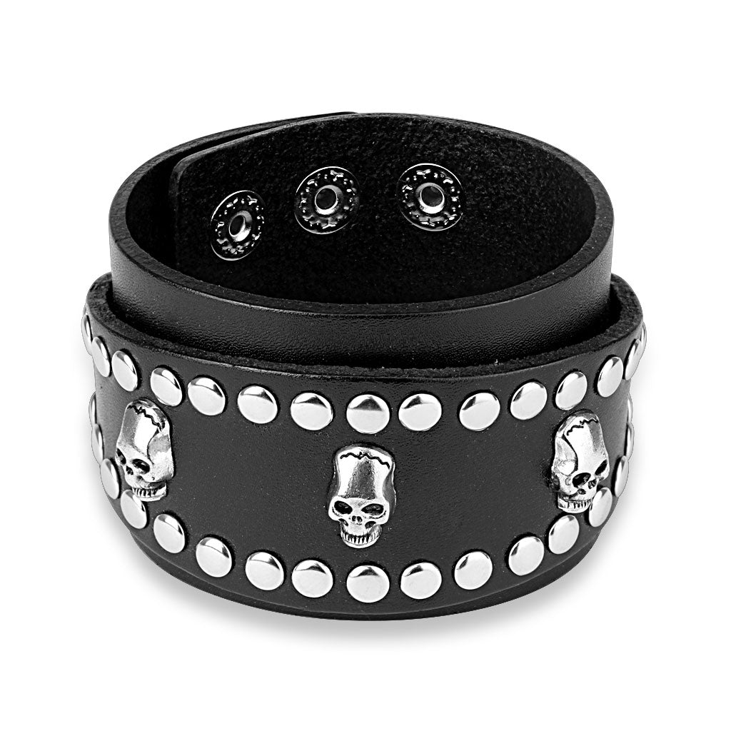 Three Skulls with Studs around Adjustable Leather Bracelets