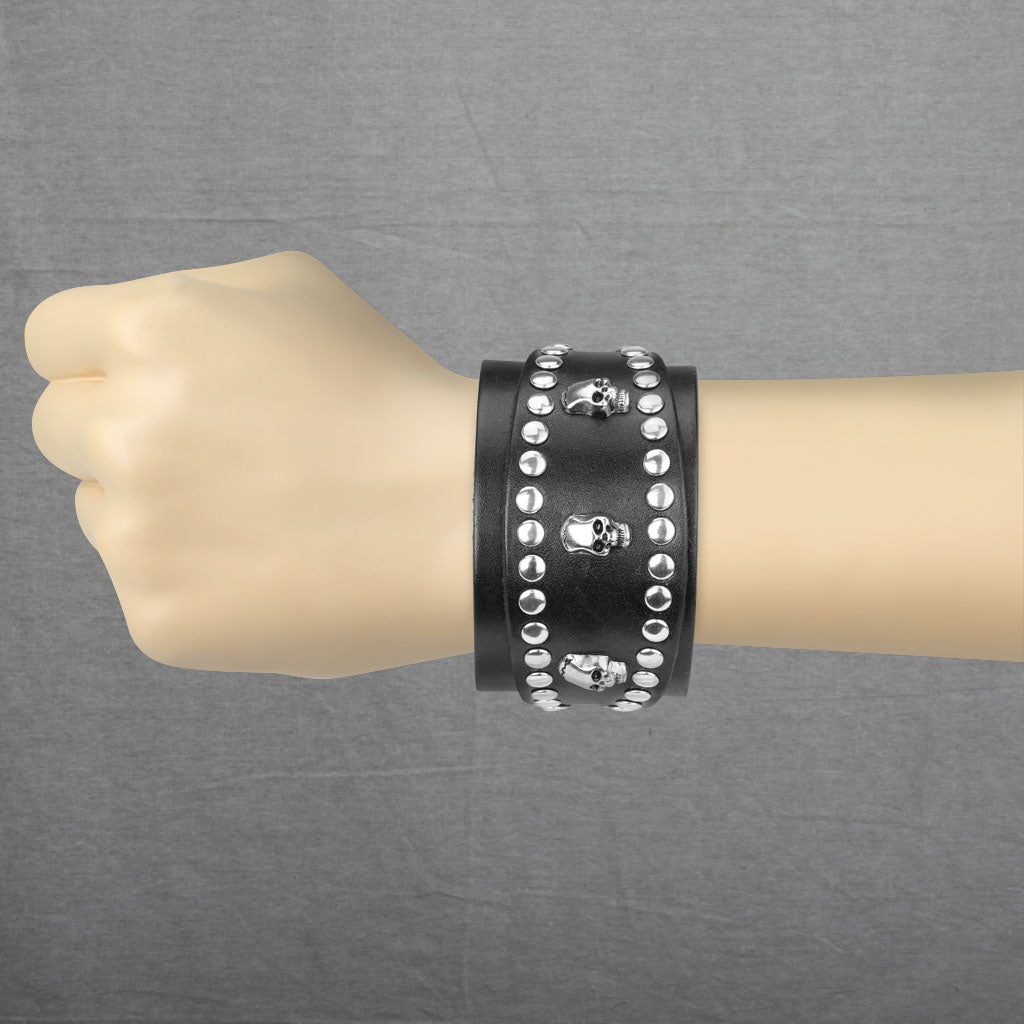 Three Skulls with Studs around Adjustable Leather Bracelets