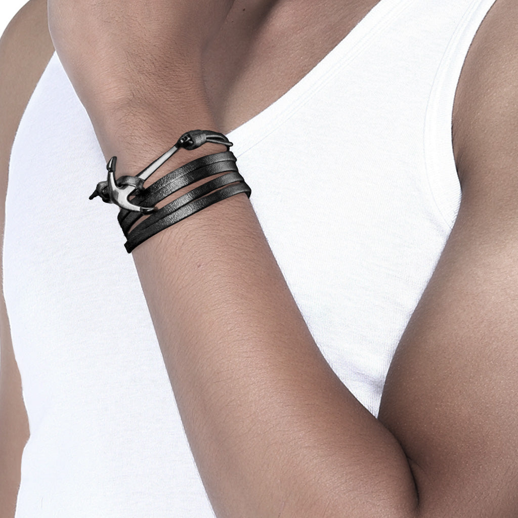 Black Plated Steel Anchor Adjustable Multi Strip Leatherette Bracelets