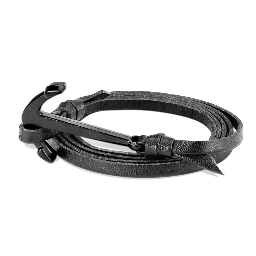 Black Plated Steel Anchor Adjustable Multi Strip Leatherette Bracelets