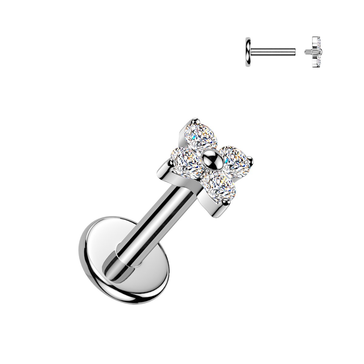 Titanium Internally Threaded Flat Back Labret With 4 CZ Flower Top
