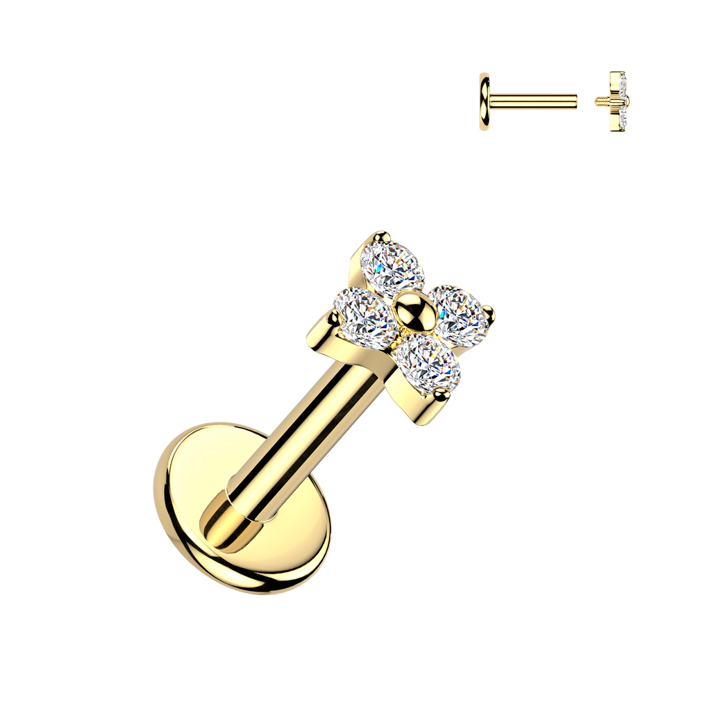 Titanium Internally Threaded Flat Back Labret With 4 CZ Flower Top