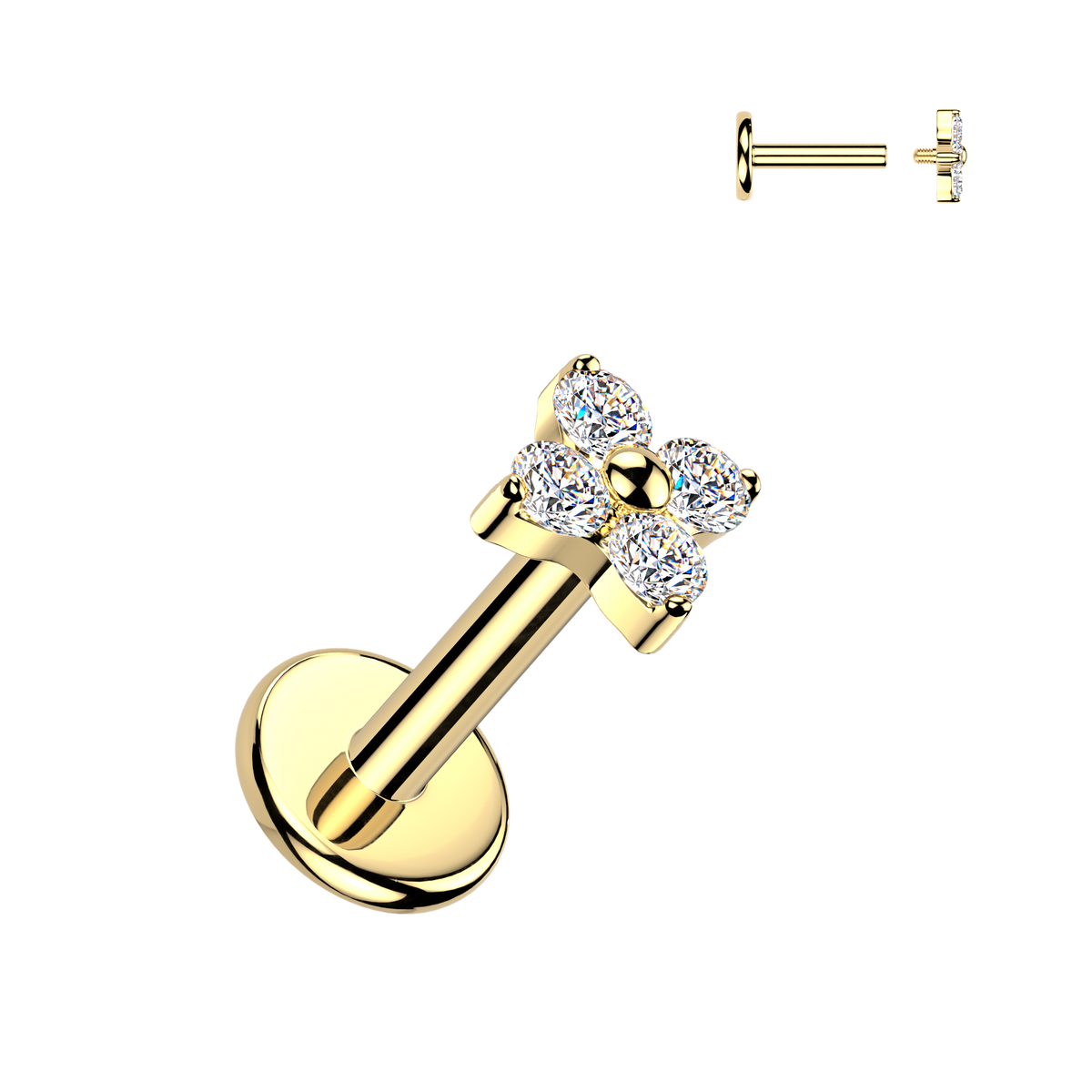 Titanium Internally Threaded Flat Back Labret With 4 CZ Flower Top