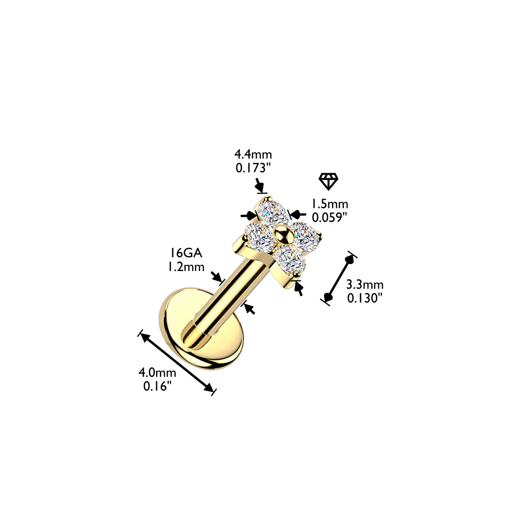 Titanium Internally Threaded Flat Back Labret With 4 CZ Flower Top