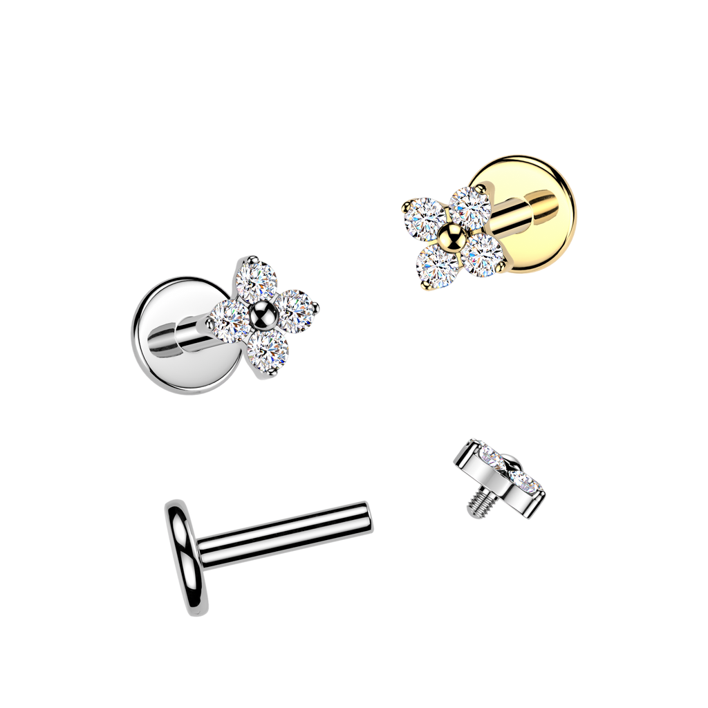 Titanium Internally Threaded Flat Back Labret With 4 CZ Flower Top