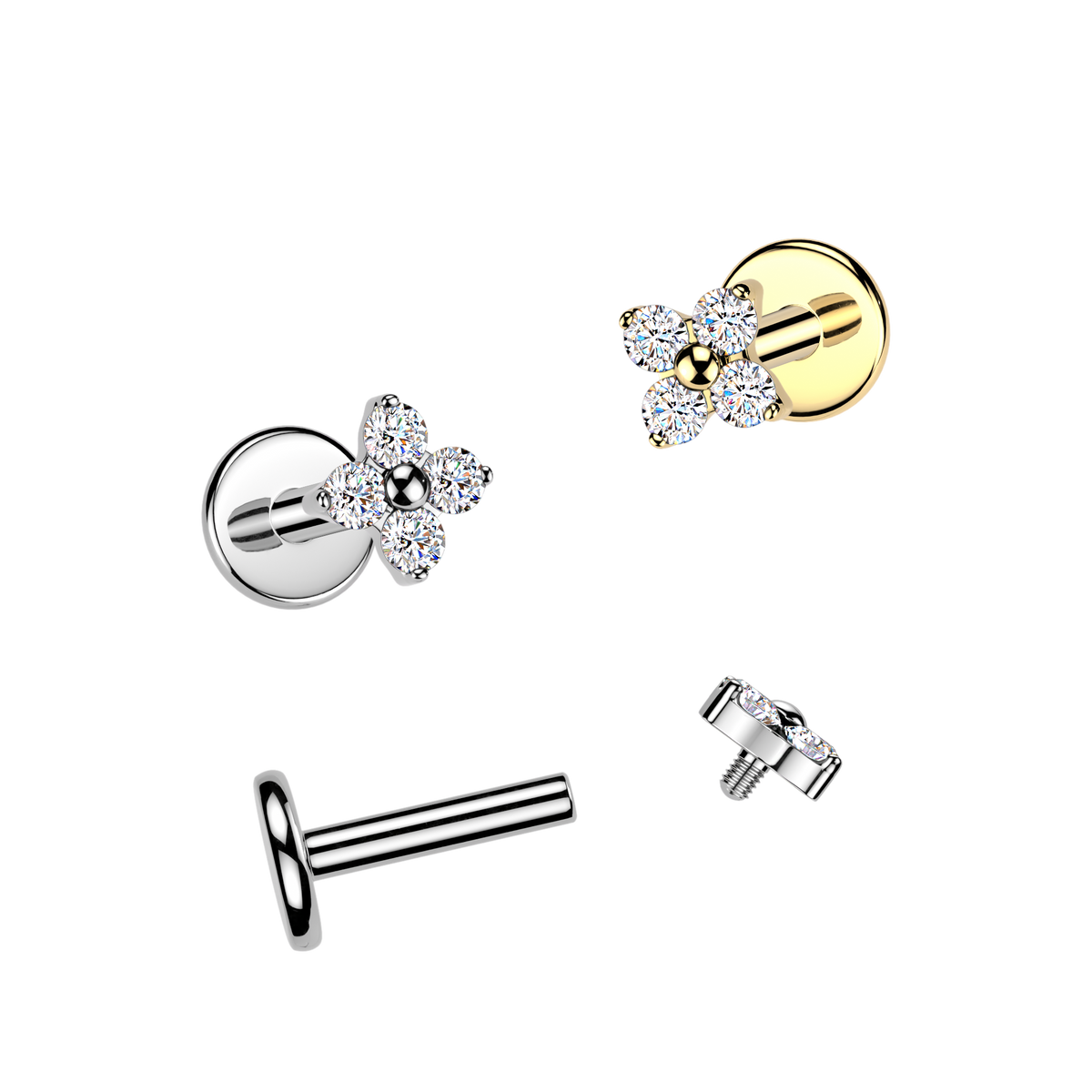 Titanium Internally Threaded Flat Back Labret With 4 CZ Flower Top
