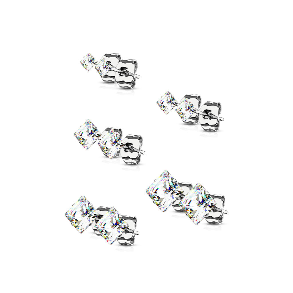 Prong Set Square CZ Stainless Steel Stud Earrings